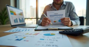 Empresário analisando gráficos de imposto e folha de pagamento no notebook