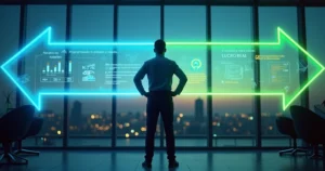 Empresário diante de duas setas luminosas comparando lucro presumido e lucro real