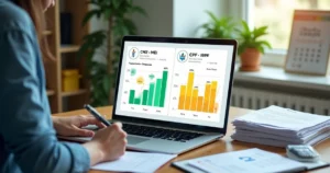 Empreendedor analisando impostos do MEI no notebook com gráficos e documentos fiscais