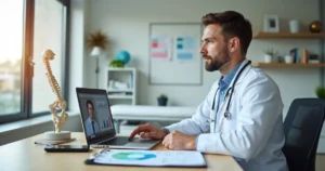 Médico em consultório analisando planejamento tributário com contador na tela do notebook