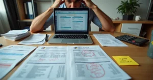 Contribuinte confuso analisando declaração de Imposto de Renda no notebook