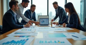 Equipe analisando planejamento tributário com gráficos e documentos fiscais em escritório moderno