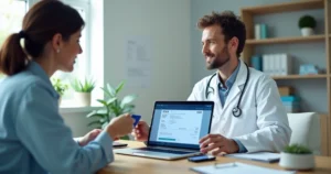 Profissional de saúde autônomo emitindo recibo digital no computador para paciente