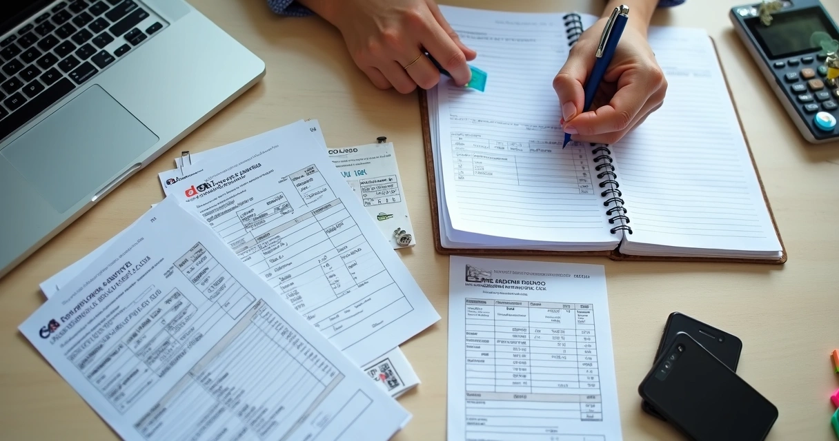 Recibos de despesas de saúde organizados sobre mesa com planilha e notebook