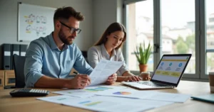 Empresário e contadora analisando documentos de regularização de microempresa