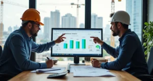 Engenheiro e arquiteta analisando enquadramento tributário do Simples Nacional em escritório moderno