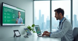 Médico em consultório usando telemedicina no notebook com gráficos de redução de custos na tela