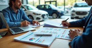 Contador analisando tributos de loja de veículos usados no Brasil