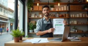 Empreendedor conferindo papéis de formalização de MEI dentro de pequena loja