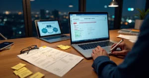 Consultor contábil analisando processo de abertura de empresa atrasado em tela com indicador vermelho