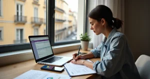 Brasileira em apartamento no exterior declarando imposto de renda no notebook