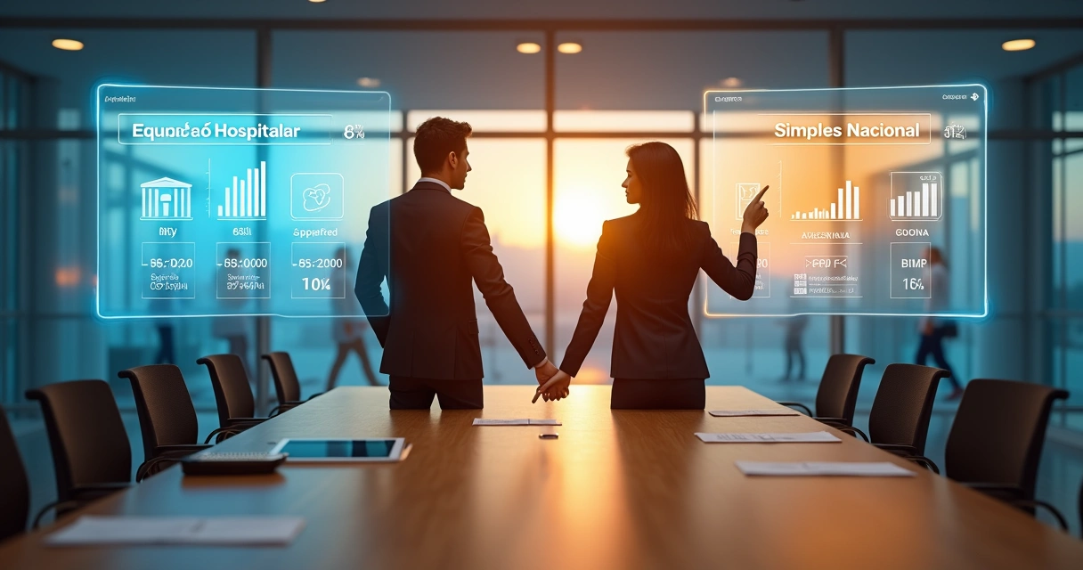 Gestor de clínica analisando comparação tributária entre equiparação hospitalar e Simples Nacional