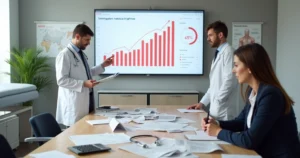 Equipe de clínica médica reunida em volta de mesa com papéis fiscais bagunçados e gráficos de impostos em alta