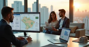 Corretor mostrando apartamento em tablet para casal morando no exterior