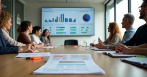 Conselho de ONG analisando painel financeiro com destaque para transparência e captação de recursos