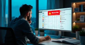 Contribuinte preocupado diante de painel digital mostrando alerta de malha fina do imposto de renda