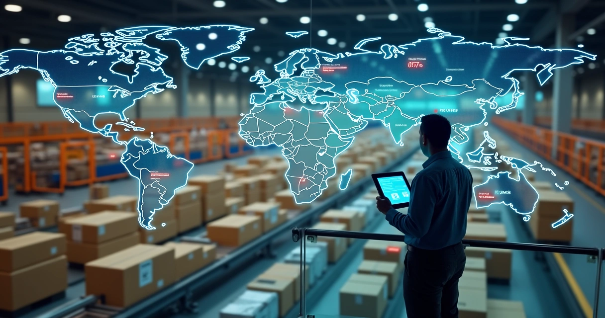 Gestor de e-commerce observando estoques e pacotes diante de painel digital com impostos e fraudes