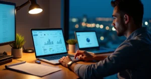 Prestador de serviços avaliando plataforma de contabilidade digital em notebook