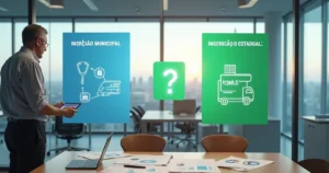 Empresário analisando quadro com escolha entre inscrição municipal e estadual