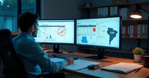 Tela de computador com NF-e rejeitada e contador analisando dados fiscais