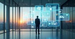 Empresário escolhendo escritório contábil diante de mural com diversas opções de empresas