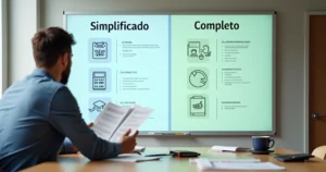 Pessoa analisando opções de declaração de imposto de renda em quadro dividido em simplificada e completa