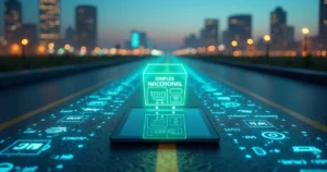 Loja virtual flutuando acima de estrada bifurcada simbolizando escolha tributária para e-commerce