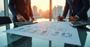 Diagrama de holding de participações conectando empresas e redução de impostos