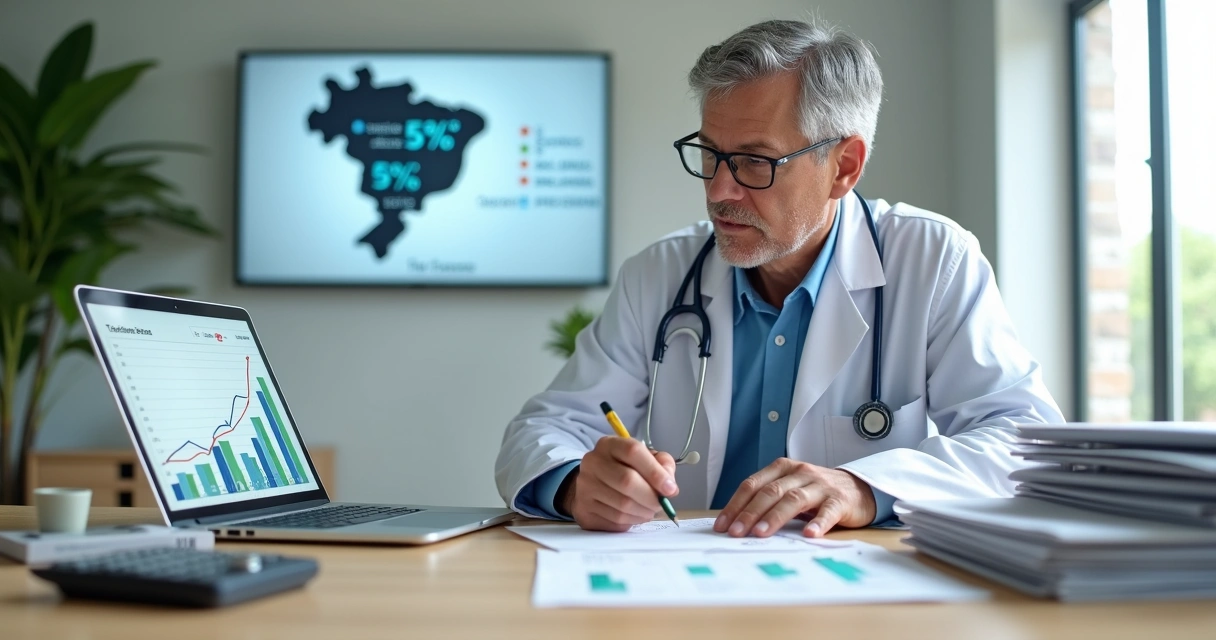 Médico analisando gráficos de impostos em 2026 em um consultório moderno