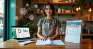 Dono de pequeno negócio organizando obrigações de MEI em bancada de loja