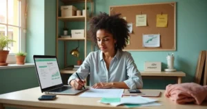 Microempreendedora em escritório simples analisando acordo digital de dívidas fiscais