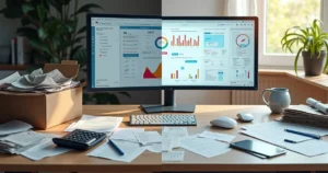 Comparação visual entre e-commerce desorganizado e operação estruturada com controle fiscal digital