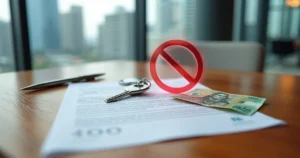 Chave de imóvel sobre contrato com cédulas barradas por símbolo de proibido