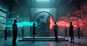 Empresários ao redor de enorme cofre metálico avaliando o impacto da reforma tributária no fluxo de caixa