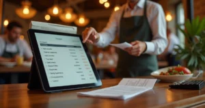 Gerente de restaurante analisando cupom fiscal com itens separados em tablet no balcão
