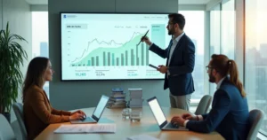 Reunião de contabilidade consultiva com consultor apontando aumento de lucro em gráfico