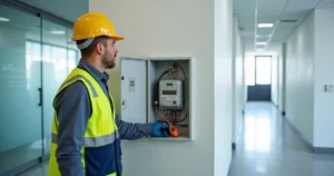 Técnico substituindo contador de energia em prédio comercial em Portugal