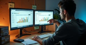 Vendedor de e-commerce em casa acompanhando impostos e vendas em marketplaces na tela